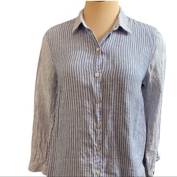 J. Jill Love Linen Blue White Stripe Button Up Shirt Size Small Petite Small - Picture 2 of 11
